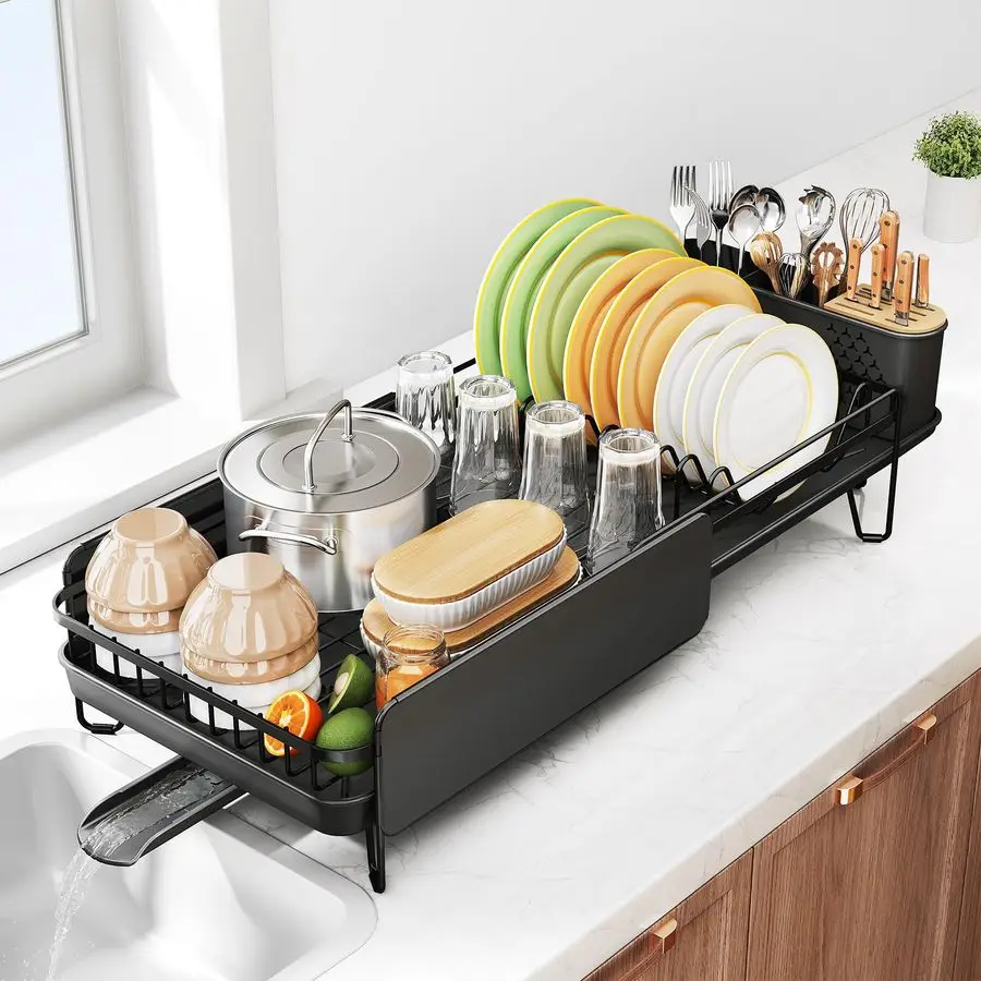 

Dish Drying Rack Large Dish Racks for Kitchen Counter, Expandable Dish Drainers with Cutlery Holder Stainless Steel Rustproof, B