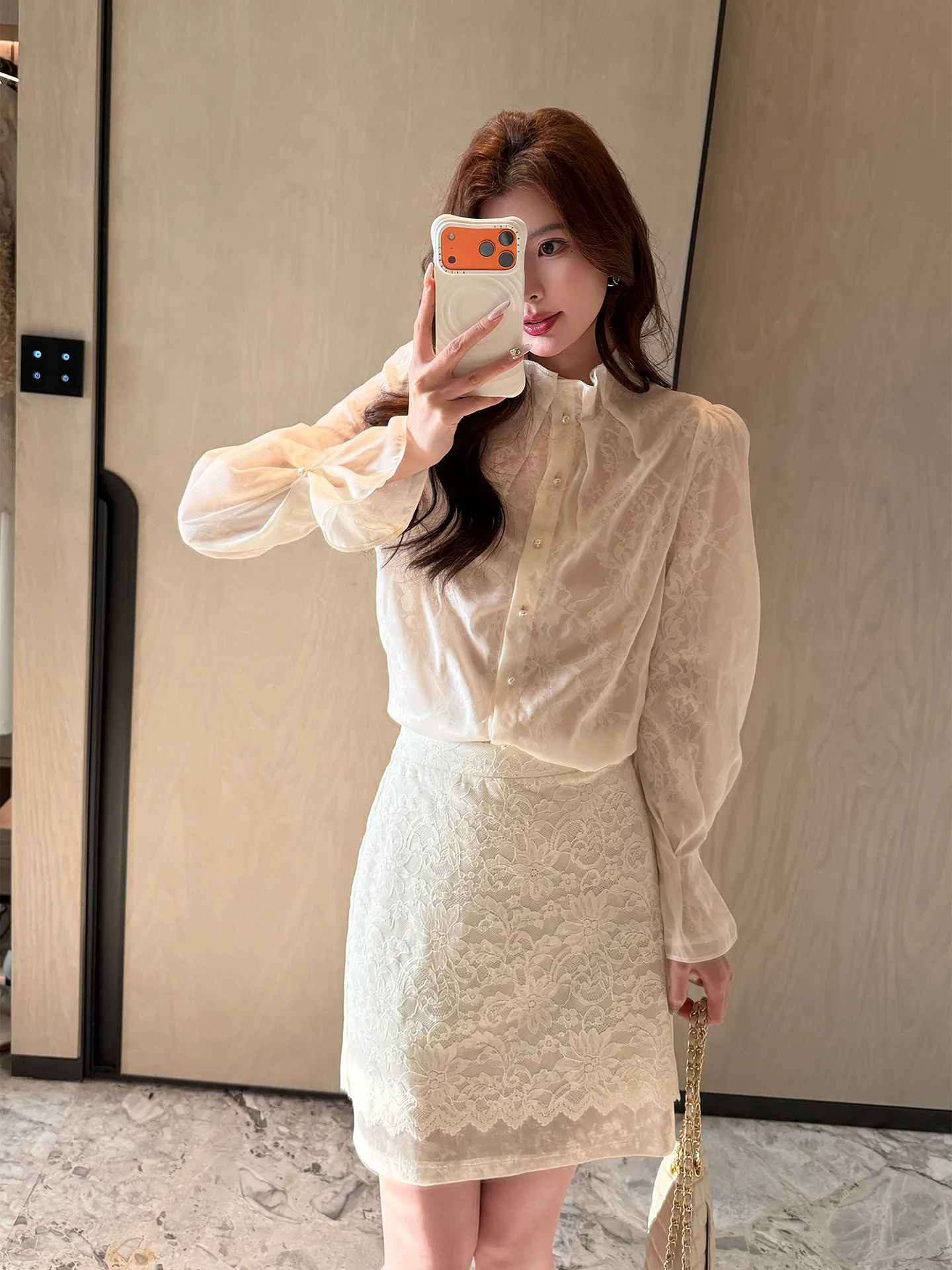 

Ele Lace irt for Women Light Tawny Spring Design Casual Sle Long Sve Stand Collar Polyester Fiber Non-Sinking