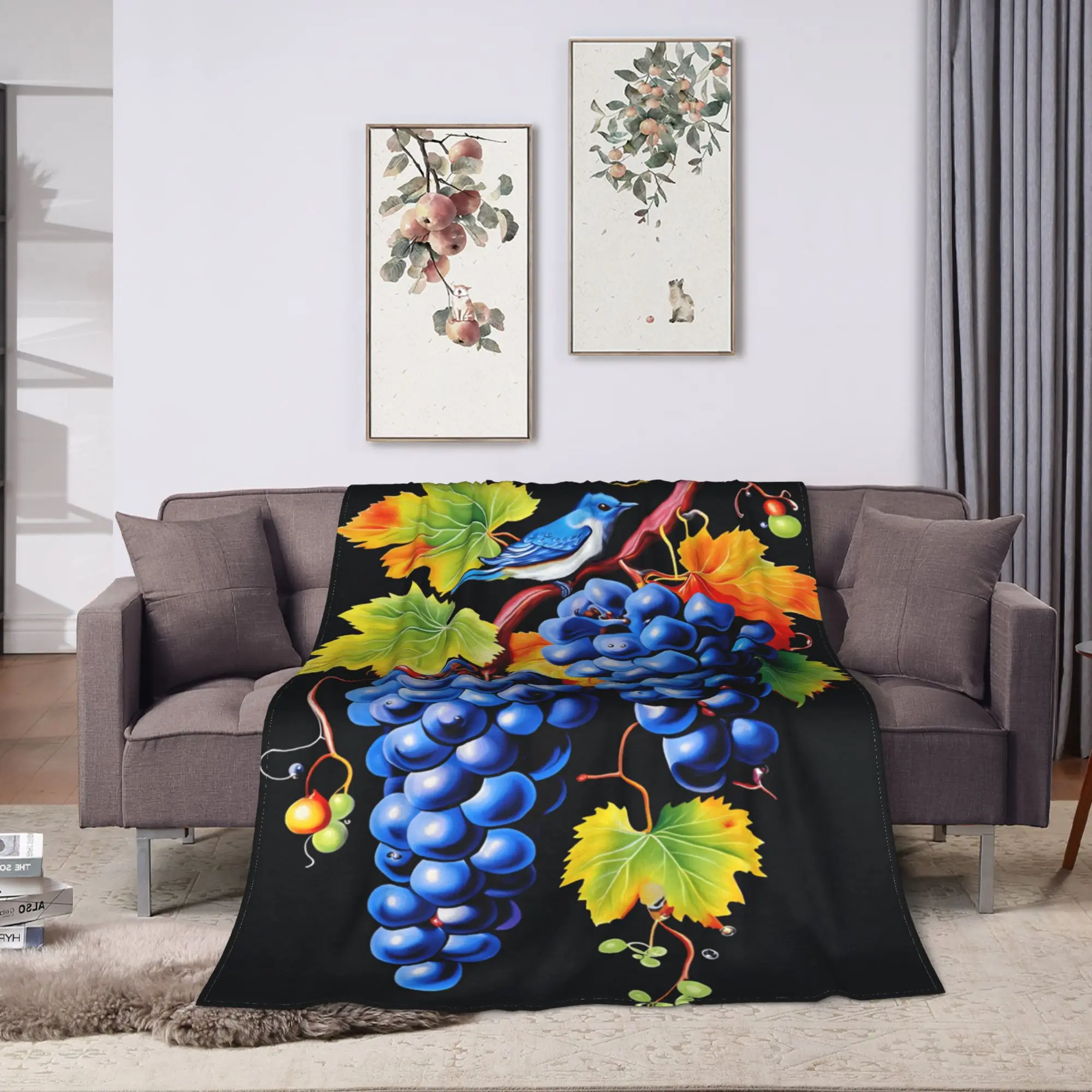 Blue Grape With Bird Art Painting Throw Blanket Warm Comfy Trend Blanket  For Home Decor Picnic Flannel Bedspread Bed Cover