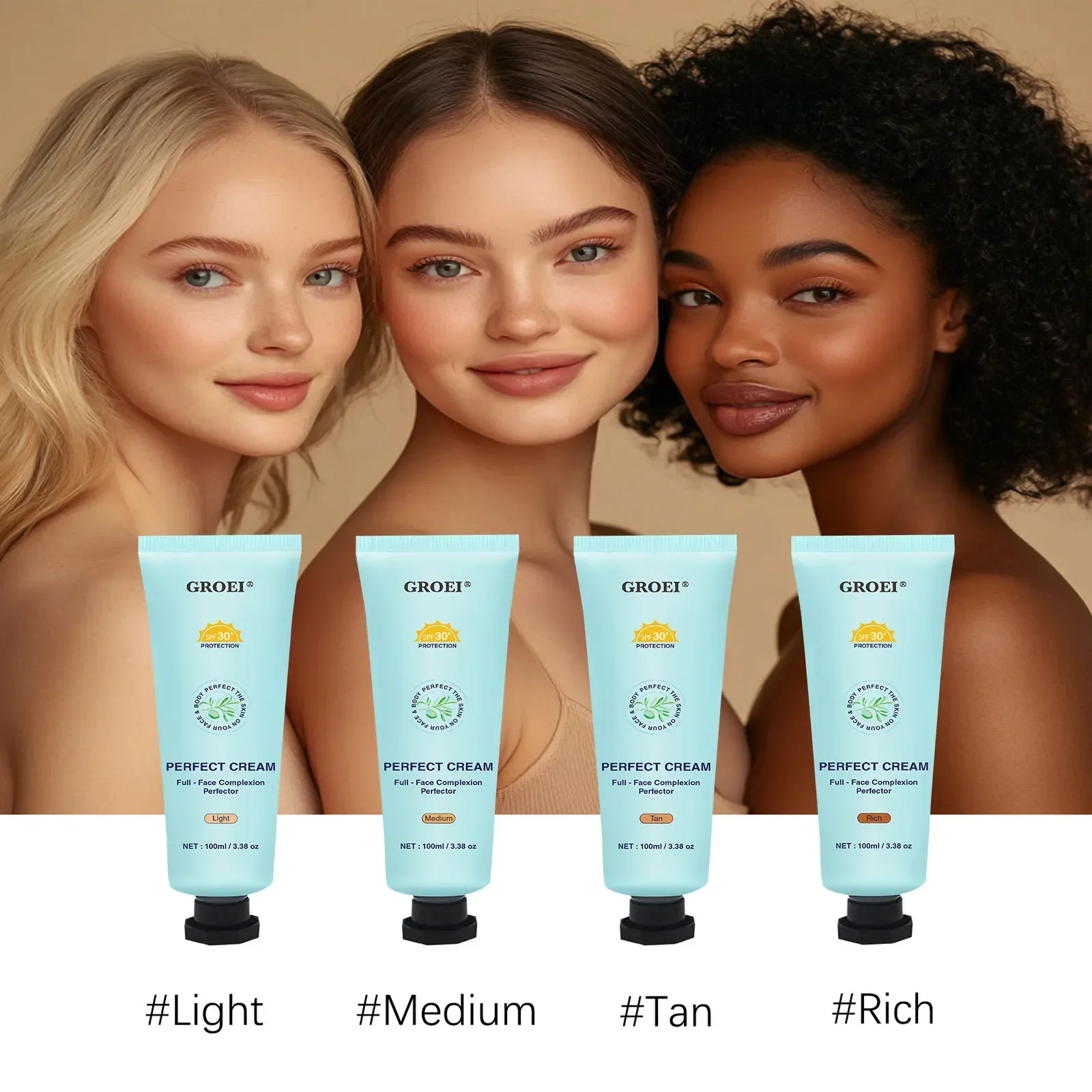 GROEI 100ml Crema Perfecta Tono Medio Bronceado Intenso 3 en 1 Corrector de Tono Facial y Corporal Resistente al Agua SPF30 BB Líquido Para Todo Tipo de Piel