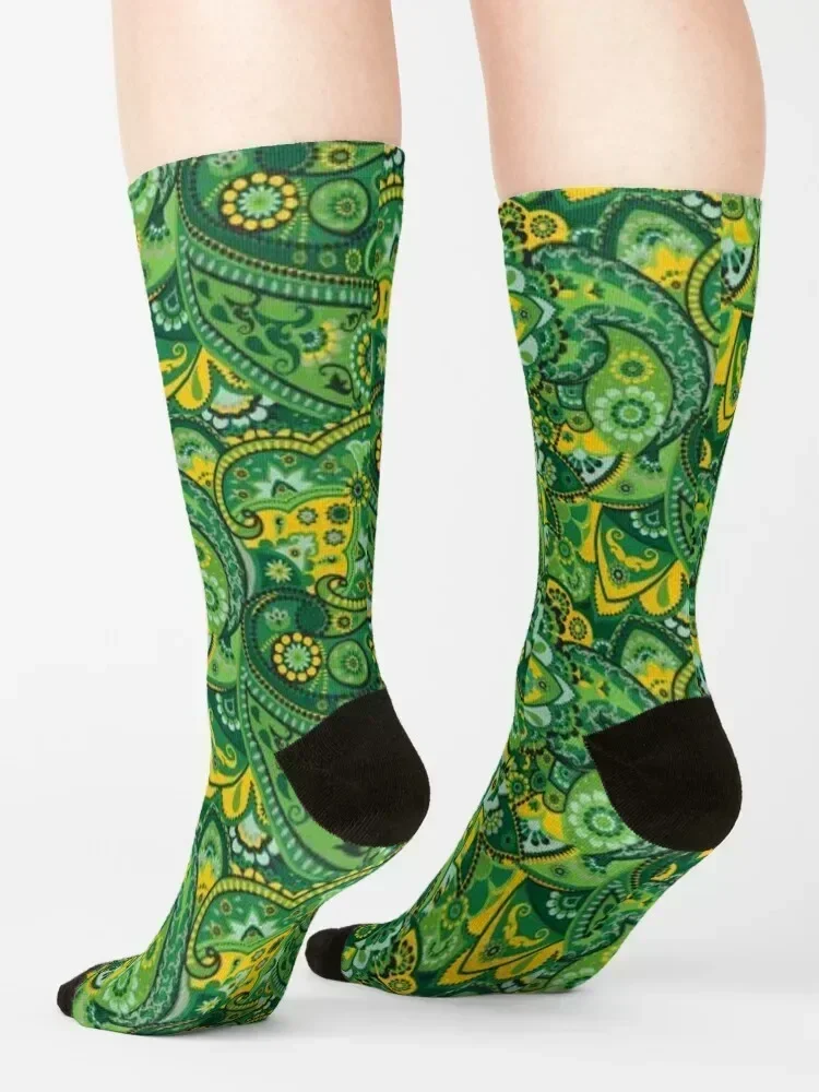 Green, Yellow and Light Blue Paisley Graphic Tee Socks halloween retro snow cotton Socks For Girls Men's