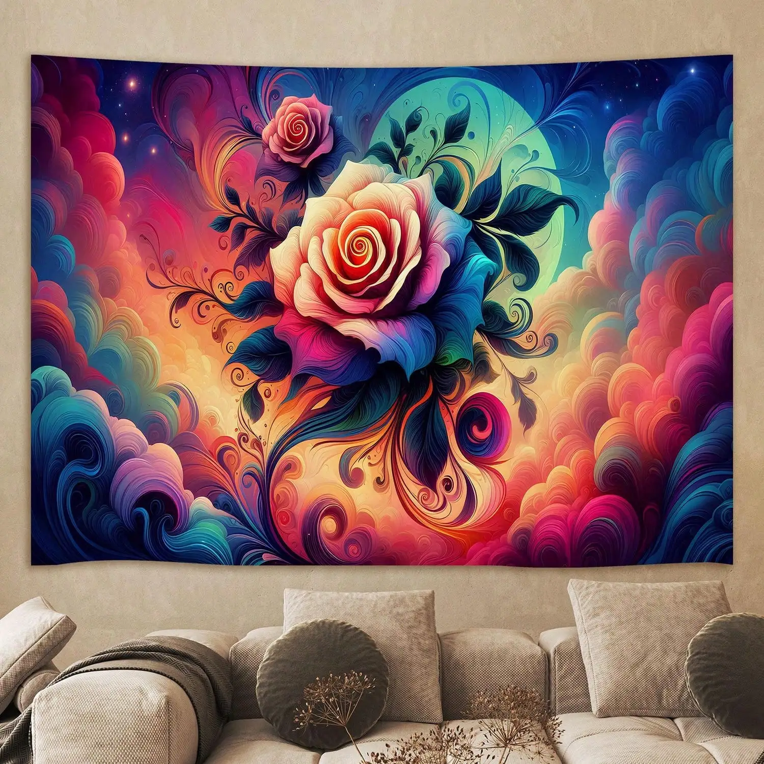 Psychedelic Rose Tapestry - Colorful Floral Wall Hanging, Trippy Art Decor, Living Room Bedroom, Multiple Sizes