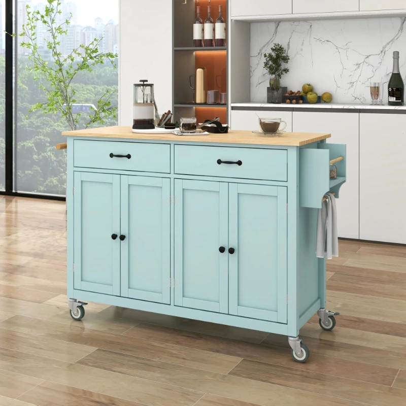 

Kitchen Island Cart with 4 Door Cabinet and Two Drawers and 2 Locking Wheels - Solid Wood Top, Adjustable Shelves, Spice & Towel