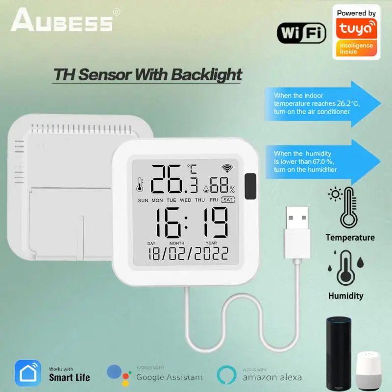 

Tuya WiFi Temperature & Humidity Sensor LCD Screen Infrared Sensing Backlight Smart APP Remote Control Alexa Google Assistant