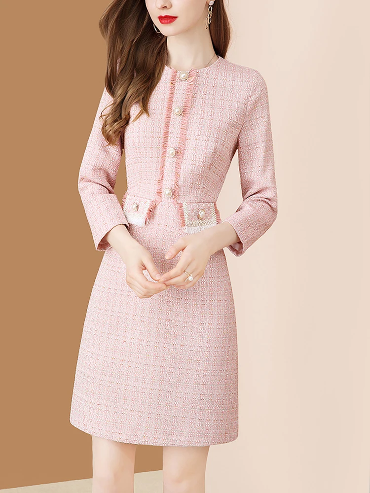 EVNISI-vestido rosa de Tweed para mujer, Vestidos de punto con cuello Peter Pan, a cuadros, para oficina, otoño e invierno, 2022