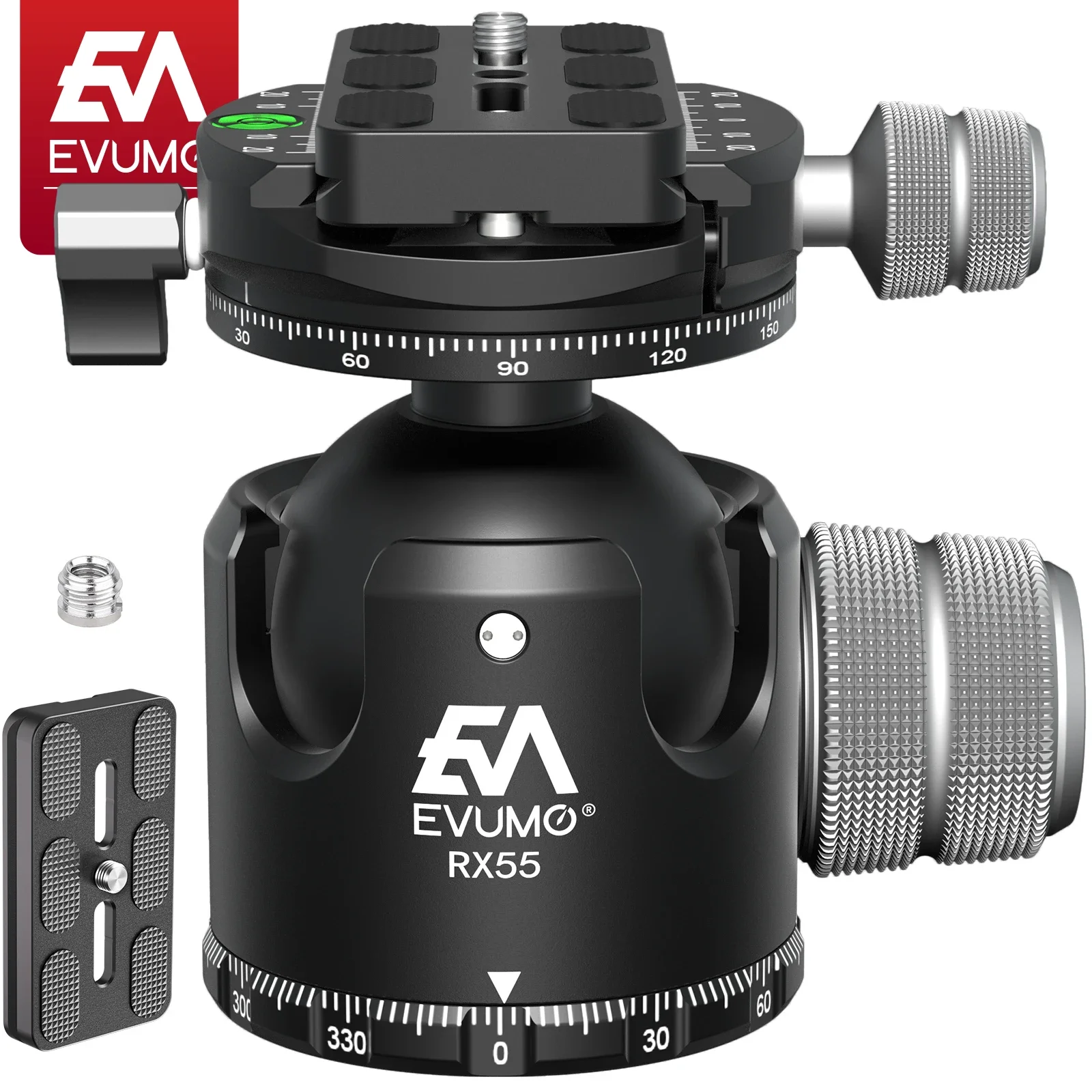 

EVUMO RX55 Low Center Gravity Tripod Ballhead Double Panoramic 55mm Ball Head add Quick Release Plate for Monopod DSLR Camera