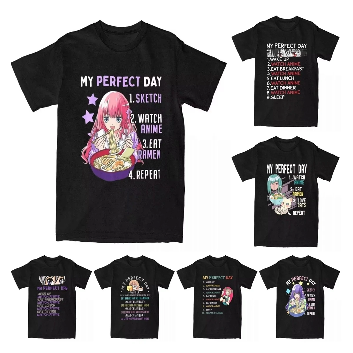 Men My Perfect Day Sketch Watch Anime Eat Ramen Repeat T Shirt Cotton Funny Gift For Girl Loves Anime Tees Gift Idea T-Shirts