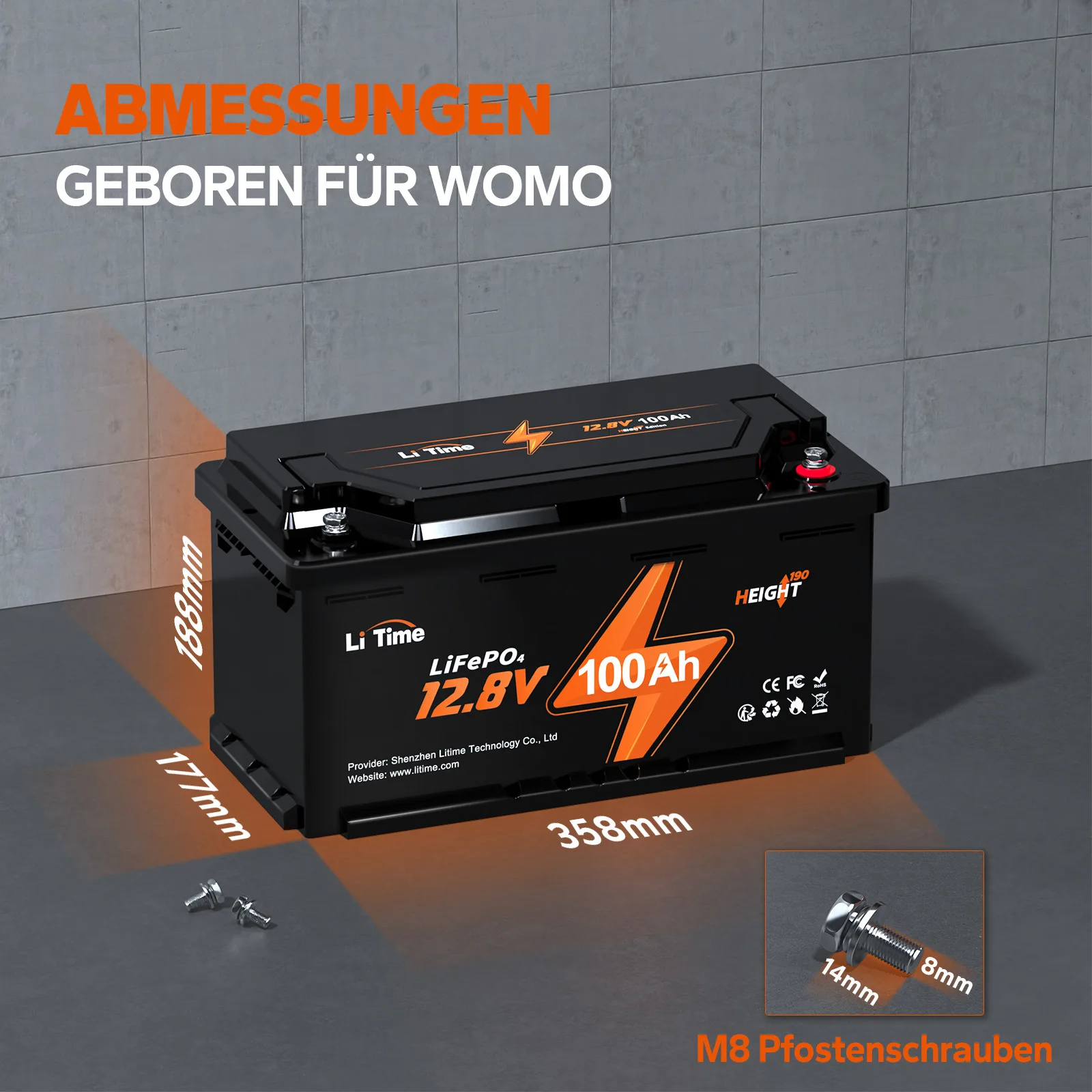 12V 100Ah H190 Deep-Cycle LiFePO4 accu met Bluetooth voor camper, onder de stoel, DIN H8/L5 Groep 49 ECE R10 gecertificeerd