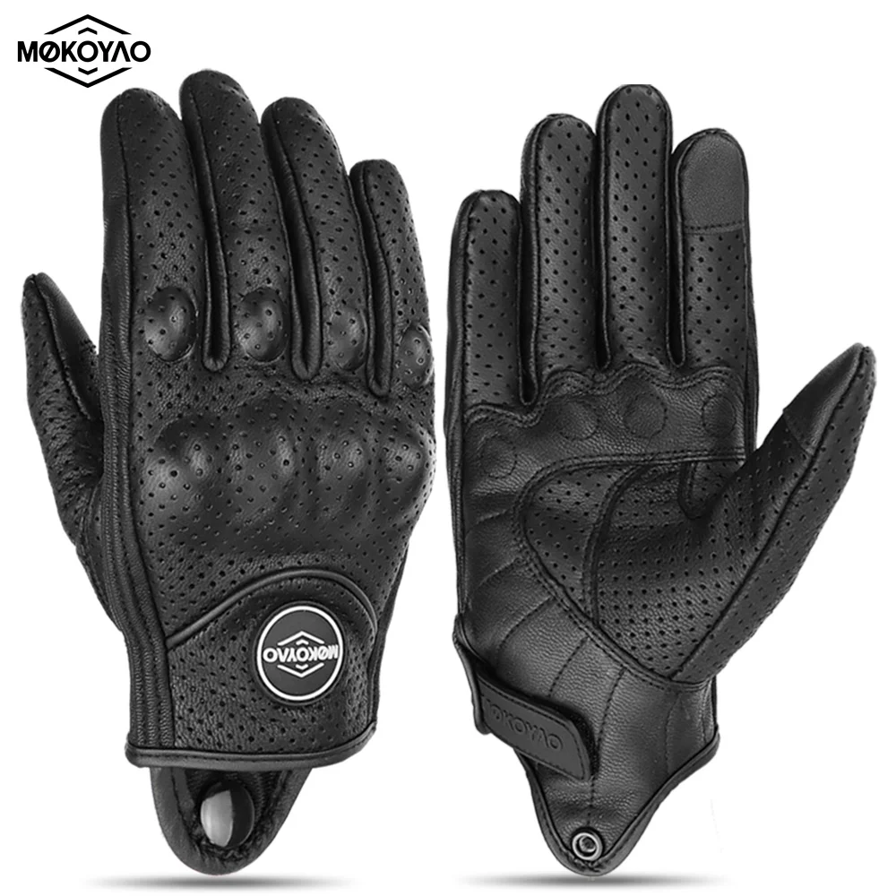 Vintage Leder-Motorradhandschuhe für Herren und Damen, Atmungsaktiv, Touchscreen-fähig, Motocross-Handschuhe, Vollfinger-Motorradhandschuhe