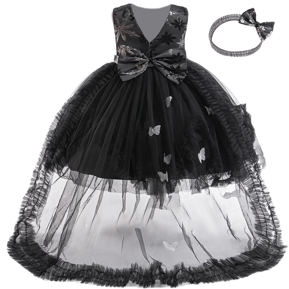 

Black Sequin Halloween Party Girl Costume Butterfly Carnival Cosplay Christmas Trailing Bow Princess Girls Dresses Kids Clothing