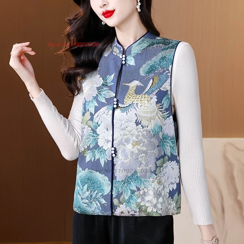 2024 chinese vintage hanfu tops traditional satin jacquard stand collar folk vest retro cotton-padded sleeveless thicken jacket