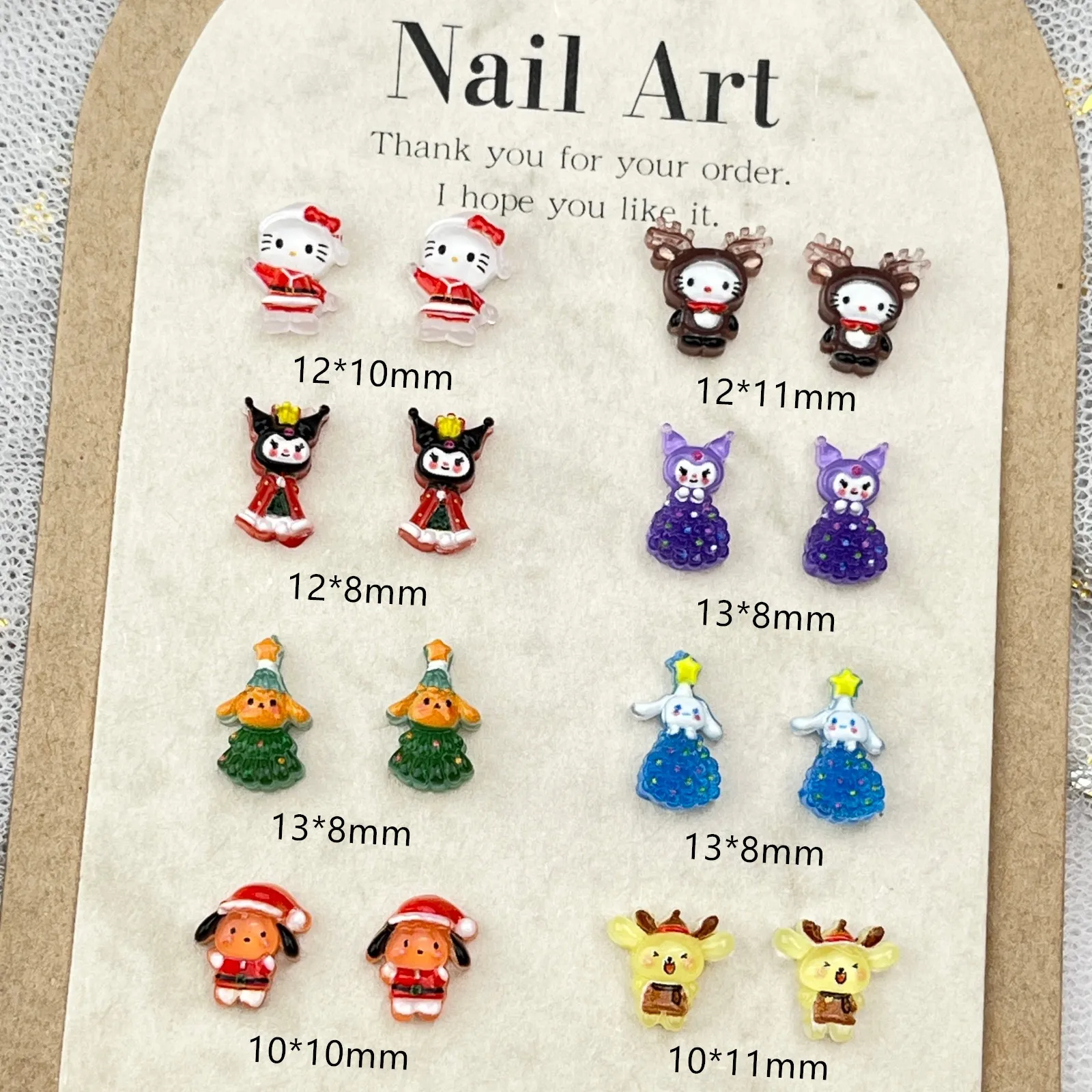 20Pcs Christmas Costume Nail Art Charm Accessories Hellokitty Cinnamoroll Mymelody Kuromi Santa Claus Nail Party Sticker DIY