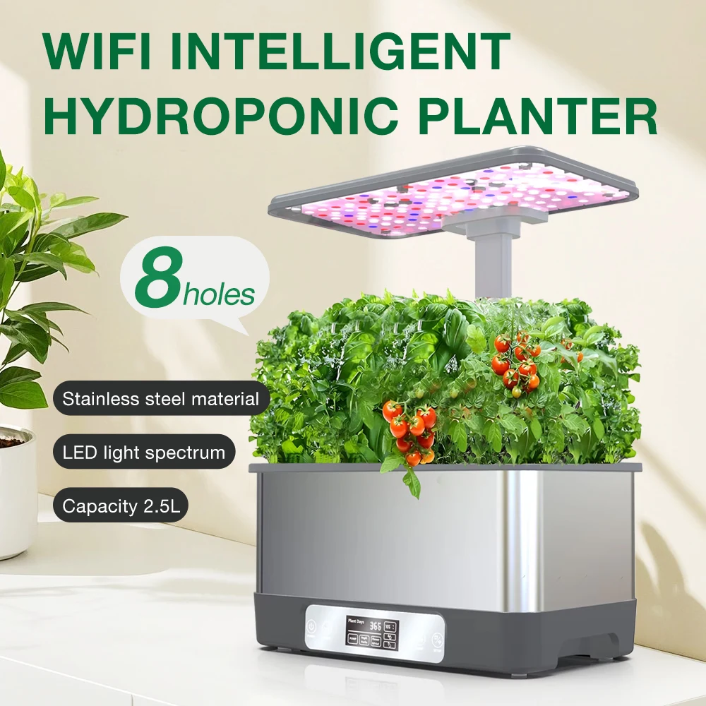 Smart WiFi Hydroponic Planter Box, 8 Pods Indoor Garden with Automatic Watering and Full Spectrum LED Grow Lights,