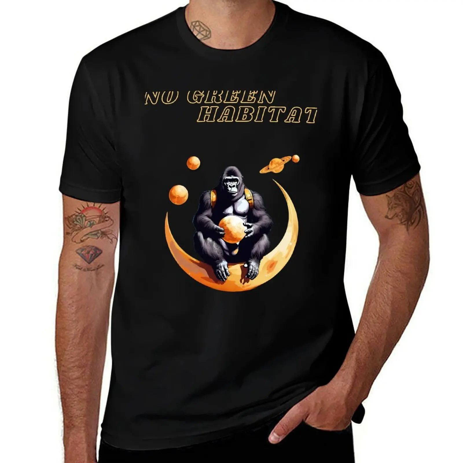 

No green habitat for the sad gorilla sitting on a crescent moon in space - gorillas T-Shirt for a boy plain white t shirts men