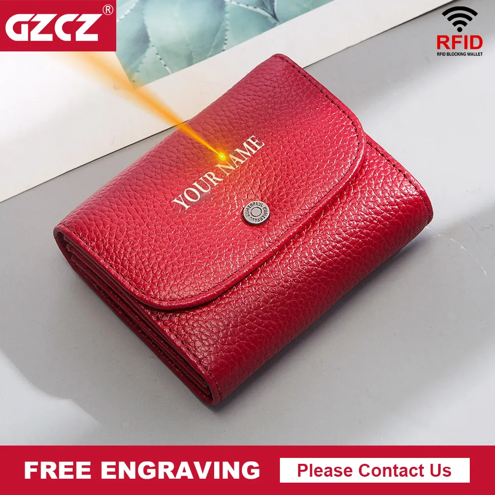 

Free Engraving Genuine Leather Small Mini Coin Purse Fashion Wallet for Women RFID Blocking Card Holder With Money Pocket