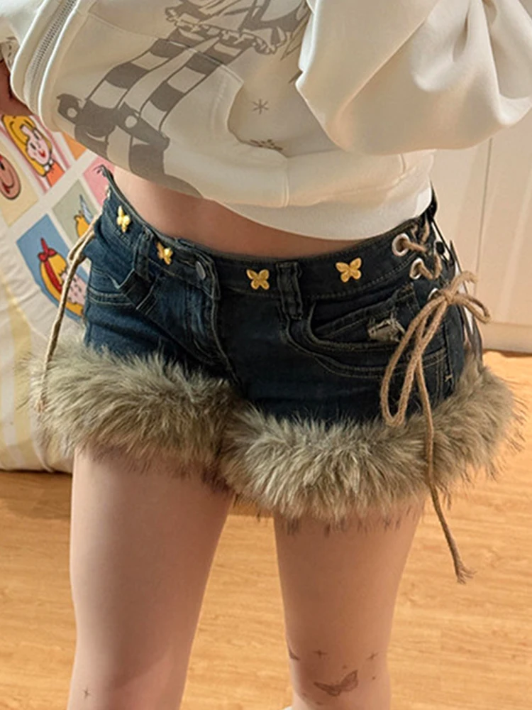American High Street Y2K Millennium Style Slimming Denim Shorts Women's Autumn Spicy Design Sense Furry Patchwork Hot Pants