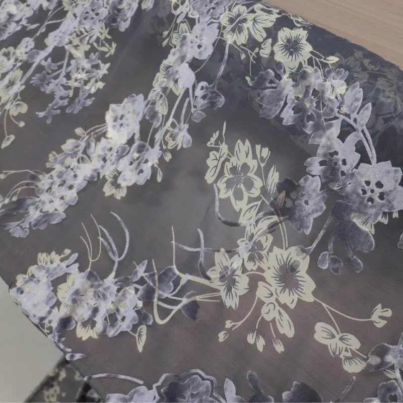 Printed Woven Burnout Velvet Designer Fabric with Delicate Sheer Surface for Nightdresses and Flowing Formal Apparel Projects