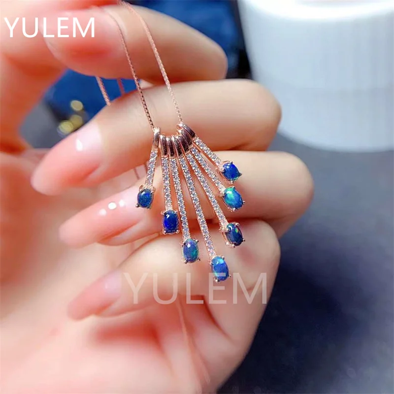 

Fine Jewelry Natural Black Opal Gemstone 3mm*4mm 7pcs Natural Opal Necklace Pendant Solid 925 Silver Opal Jewelry