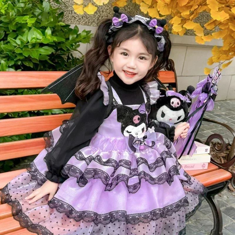 Anime Sanrio Kuromi Sweet Girl Princess Lolita Dress Girls Skirt Spring and Autumn 2024 Children's Cosplay Birthday Party Gift