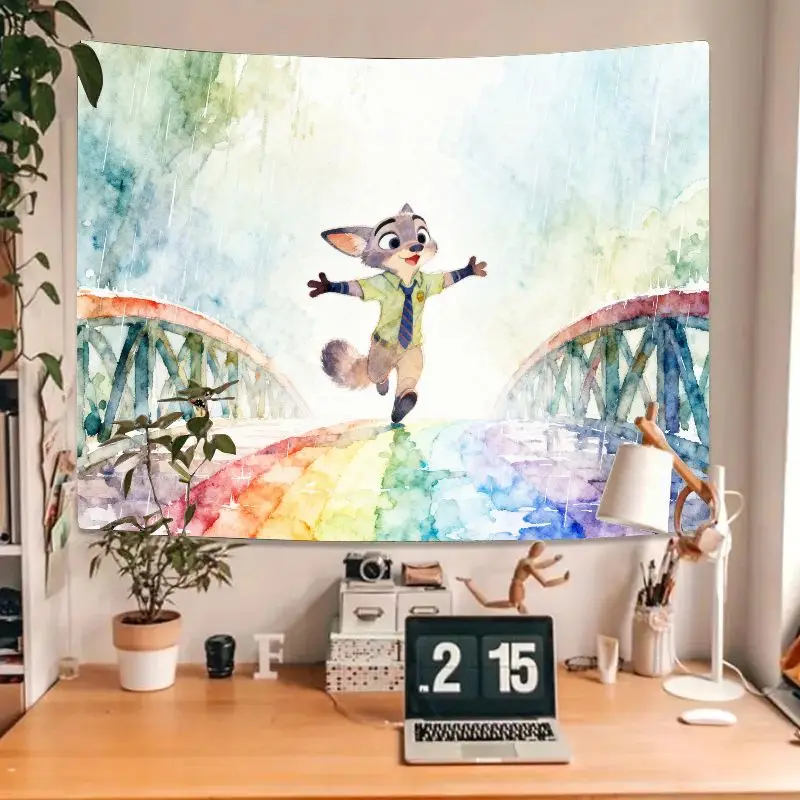 1개입 주토피아 닉 와일드 레인보우 태피스트리, 수채화 벽 예술 모던 폴리에스터 장식 거실 침실 기숙사용, 팬들을 위한 선물