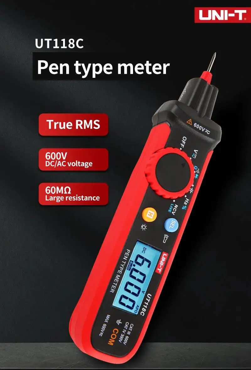 Imagem -02 - Pen tipo Multímetro Digitais 6000 Contagens Tensão ac dc Capacitância de Resistência Diodo de Freqüência ef Ncv Multi Tester Uni-t-ut118c