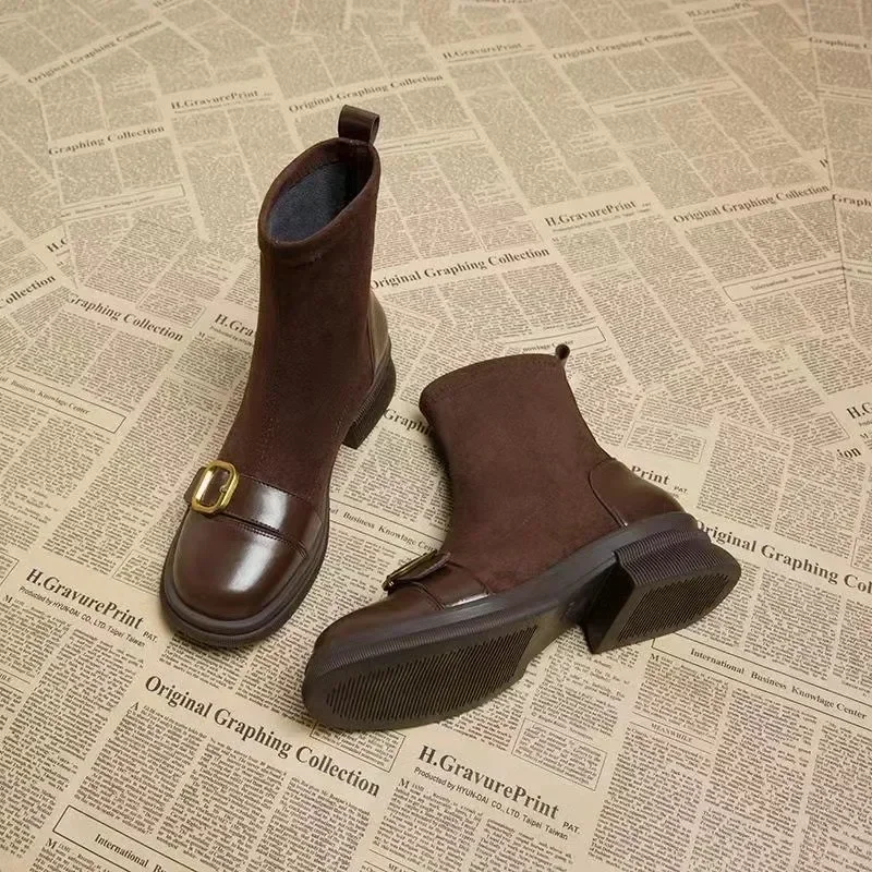 Botas de moda feminina salto grosso antiderrapante cabeça redonda sapatos femininos camurça salto quadrado lazer confortável botines para mujeres