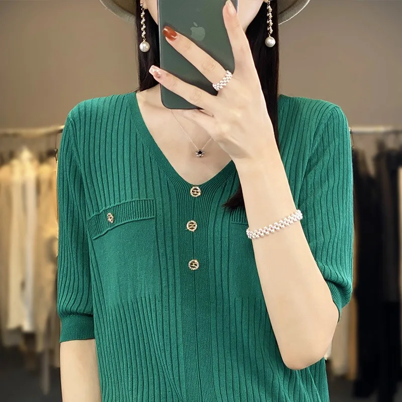 Verano fino hielo seda tejido ort Sve mujer V-ne Faion casual suelto adelgazante versátil aire acondicionado f Sve...