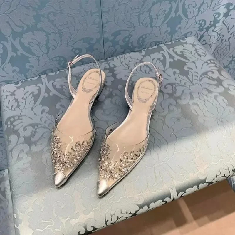 

PVC Silver Women's Flat Shoes Summer Low Heel Sandals 2024 Fashion Elegant Casual Single Shoes Party Dress Ladies Shoes