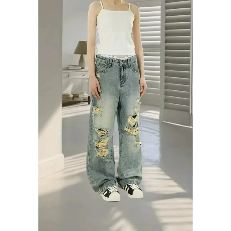 Nowe damskie jeansy w stylu amerykańskim, postarzane, z dziurami, szerokie nogawki, luźne spodnie dżinsowe, letnie, cienkie, codzienne, o swobodnym kroju.