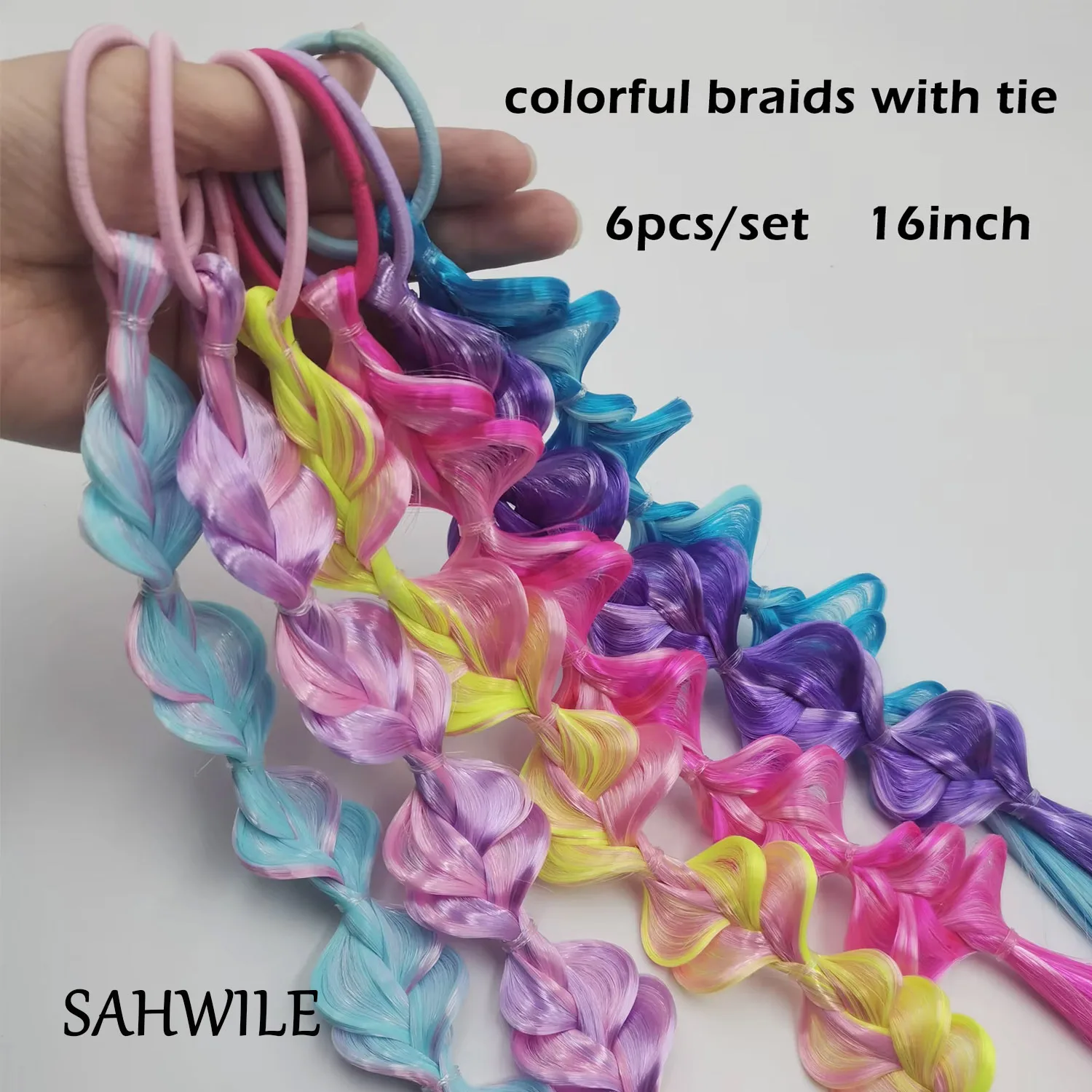 Synthetische 6er-Pack geflochtene Haarverlängerungen, bunte vorgefertigte Pferdeschwanz-Haarteile mit Gummibändern, synthetische Haaraccessoires für Kinder – Detail 5
