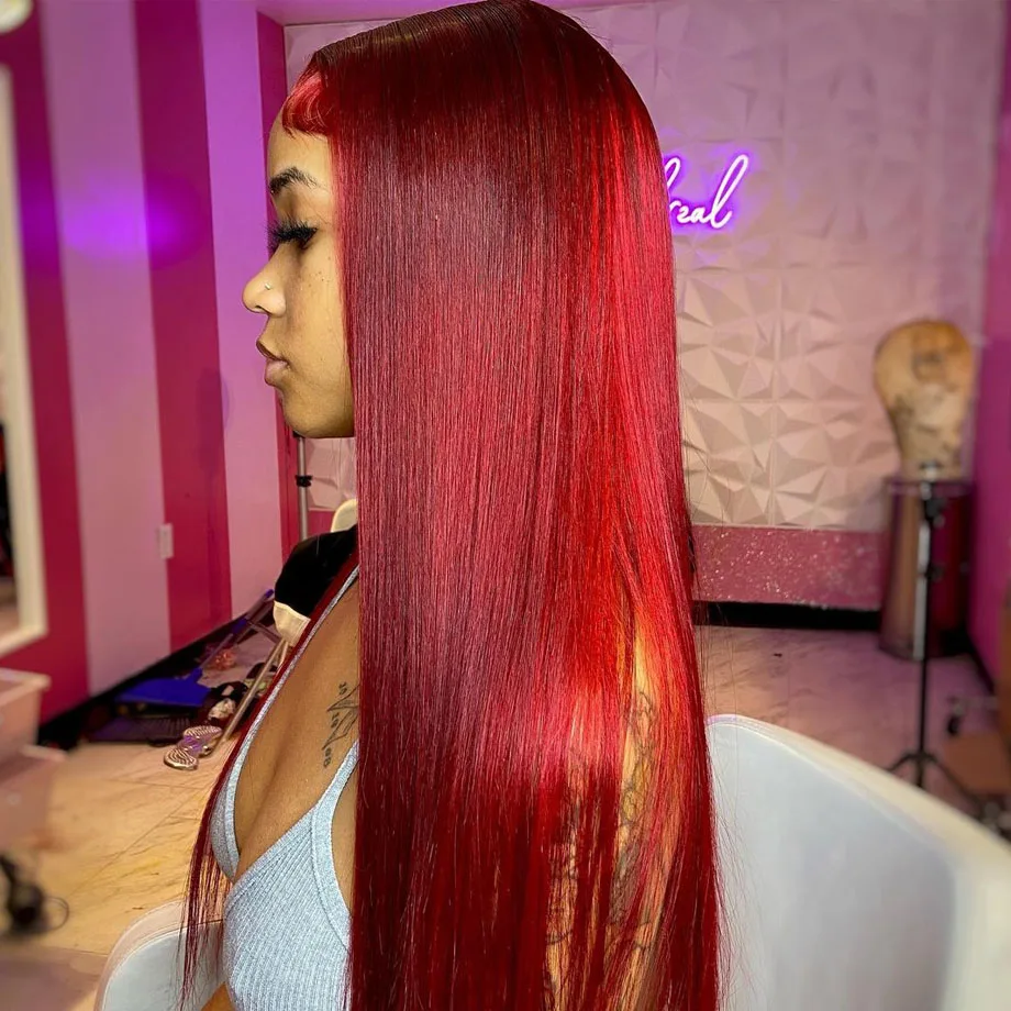 Straight Burgundy HD Lace Frontal Perucas para Mulheres, Cabelo Humano Glueless, Peruca Brasileira, Vinho Vermelho Colorido, 13x6