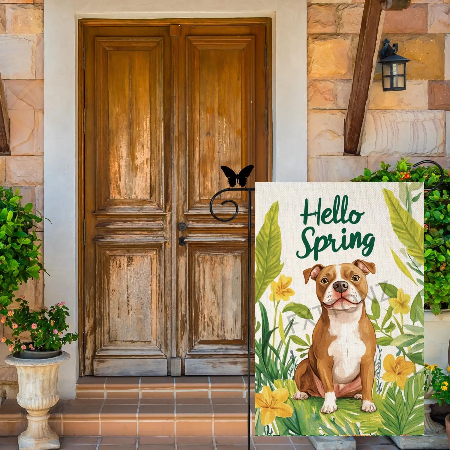 Pitbull Dog Hello Spring Garden Flag 12x18 Inch Double Sided Floral Outside Small Linen Yard Flag Decoration House Flag for  PPM
