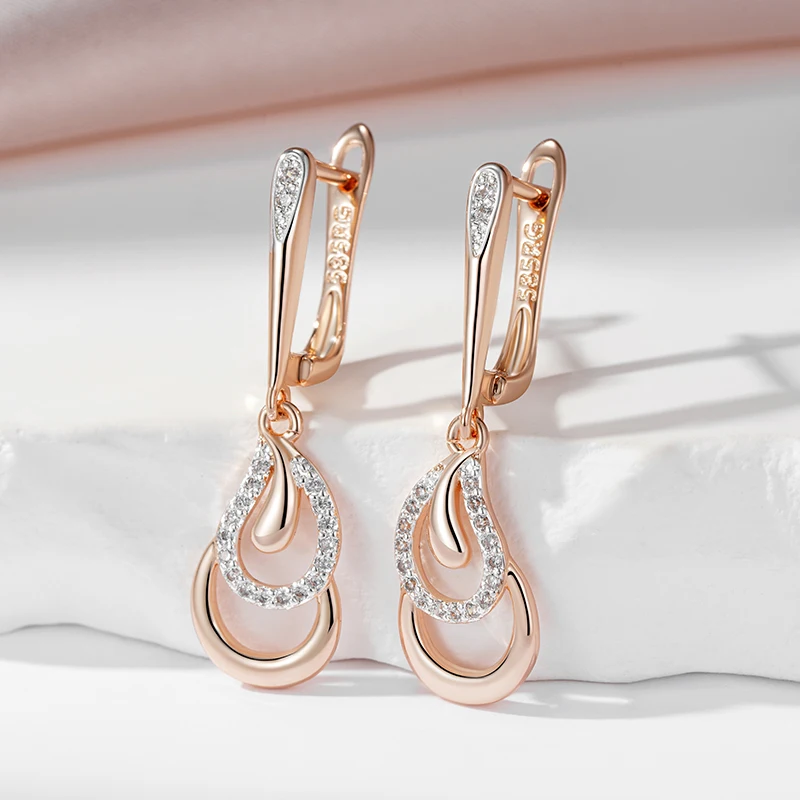 SYOUJYO luxe longue 585 Rose doré boucles d'oreilles pour les femmes couleur argent bijoux fête mariée mariage boucles d'oreilles Zircon naturel