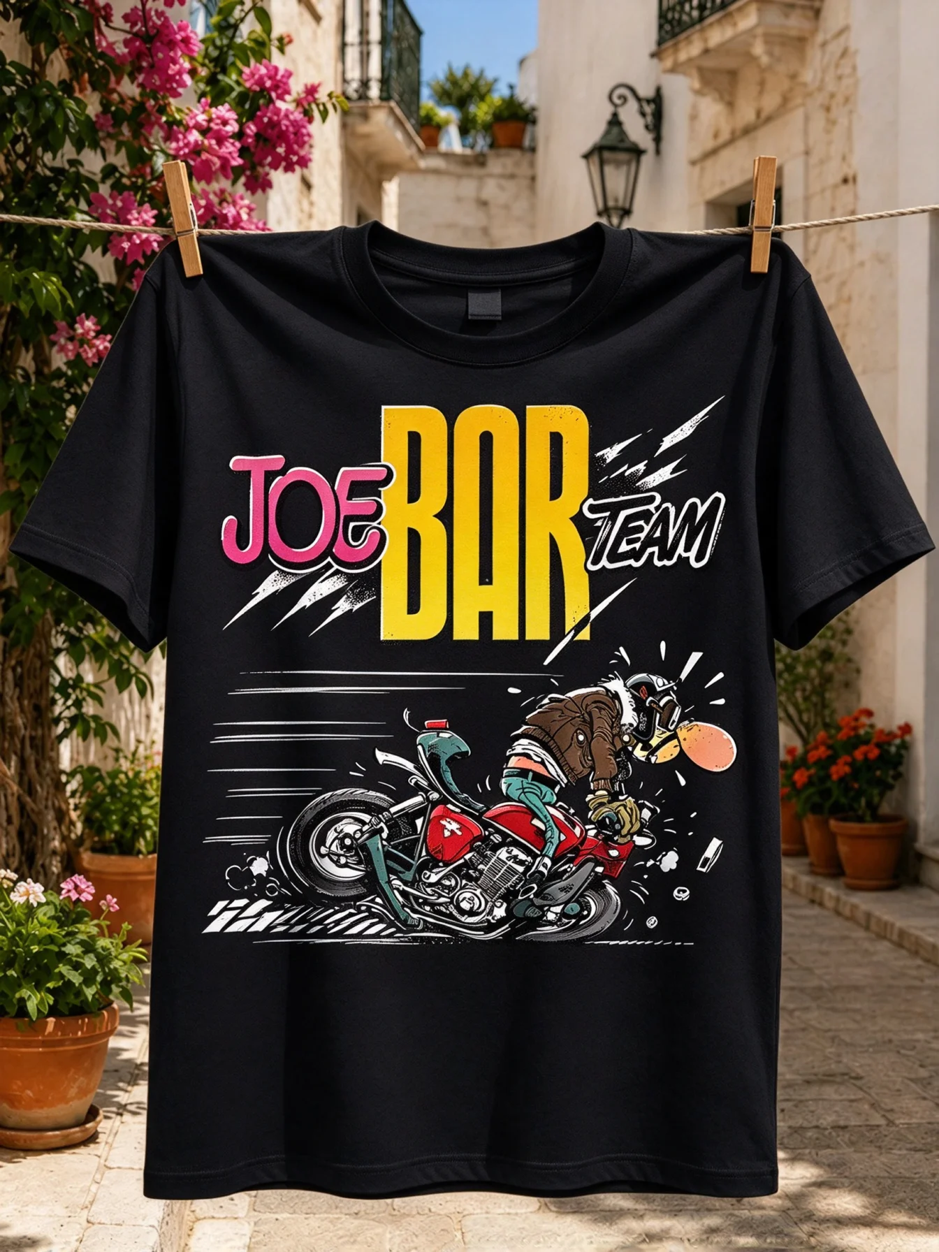2026 Team Graphic cartoon biker losing control of a red motorcycle energetic comic road scene Unisex All T-Shirt