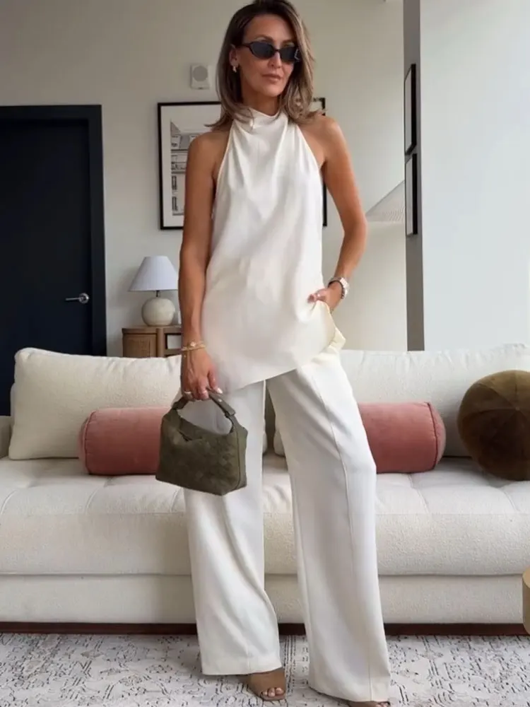 Eleganckie damskie komplety spodni z asymetrycznym topem typu halter bez pleców, spodnie z szerokimi nogawkami i sznurkiem, stroje biurowe dla kobiet.