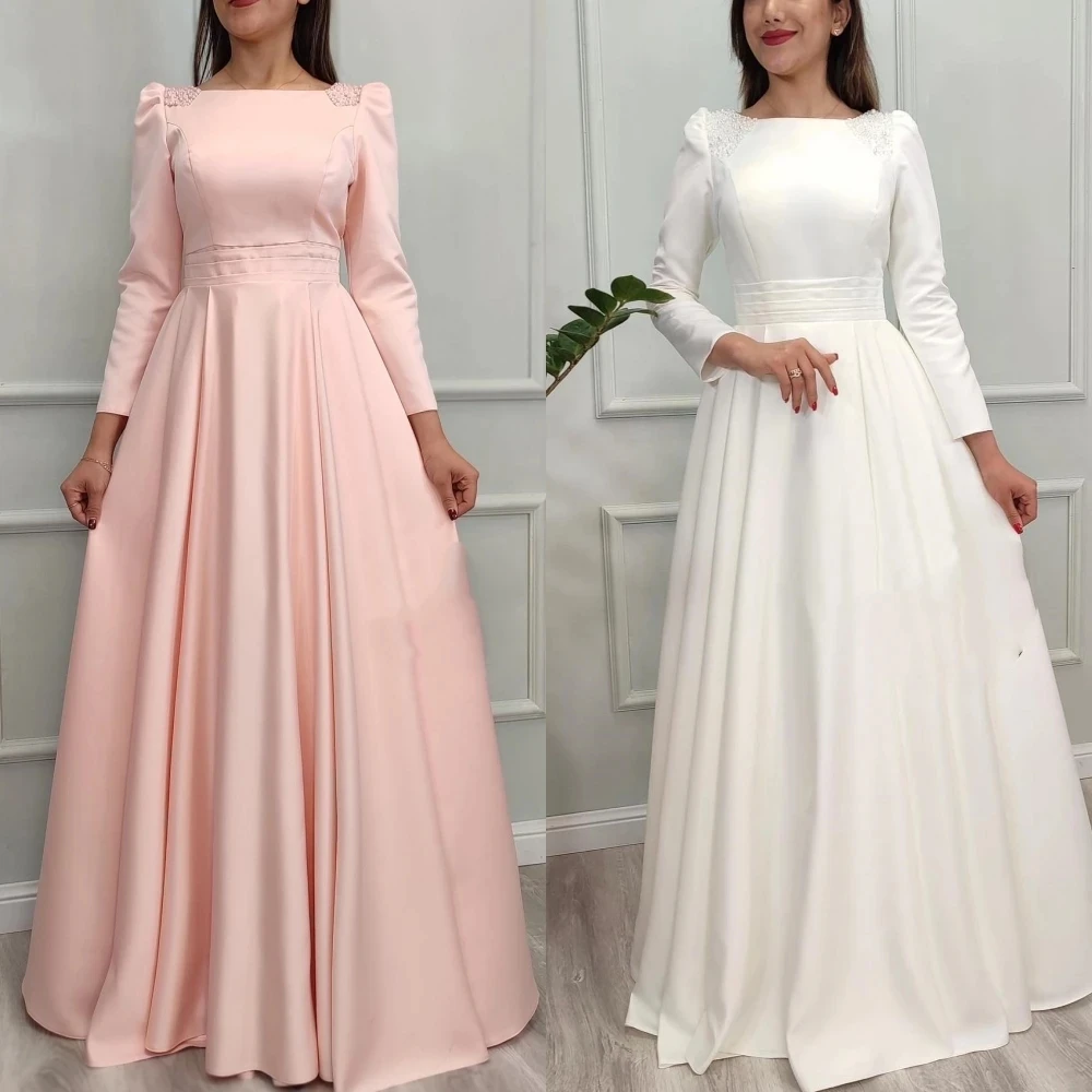 

Romantic Prom Dress Evening Saudi Arabia Satin Long Sleeves Draped Beading Celebrity Ball Gown O-Neck Bespoke Occasion Gown