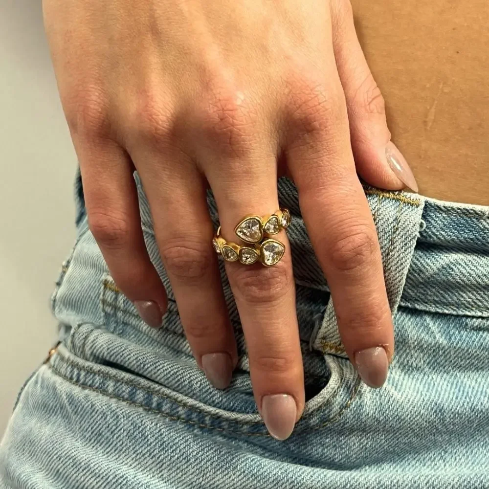 خاتم مفتوح من الفولاذ المقاوم للصدأ غير متماثل مقاوم للصدأ 18K مطلي بالذهب خاتم لامع مقاوم للماء مكعب زركونيا خاتم إكسسوار فاخر