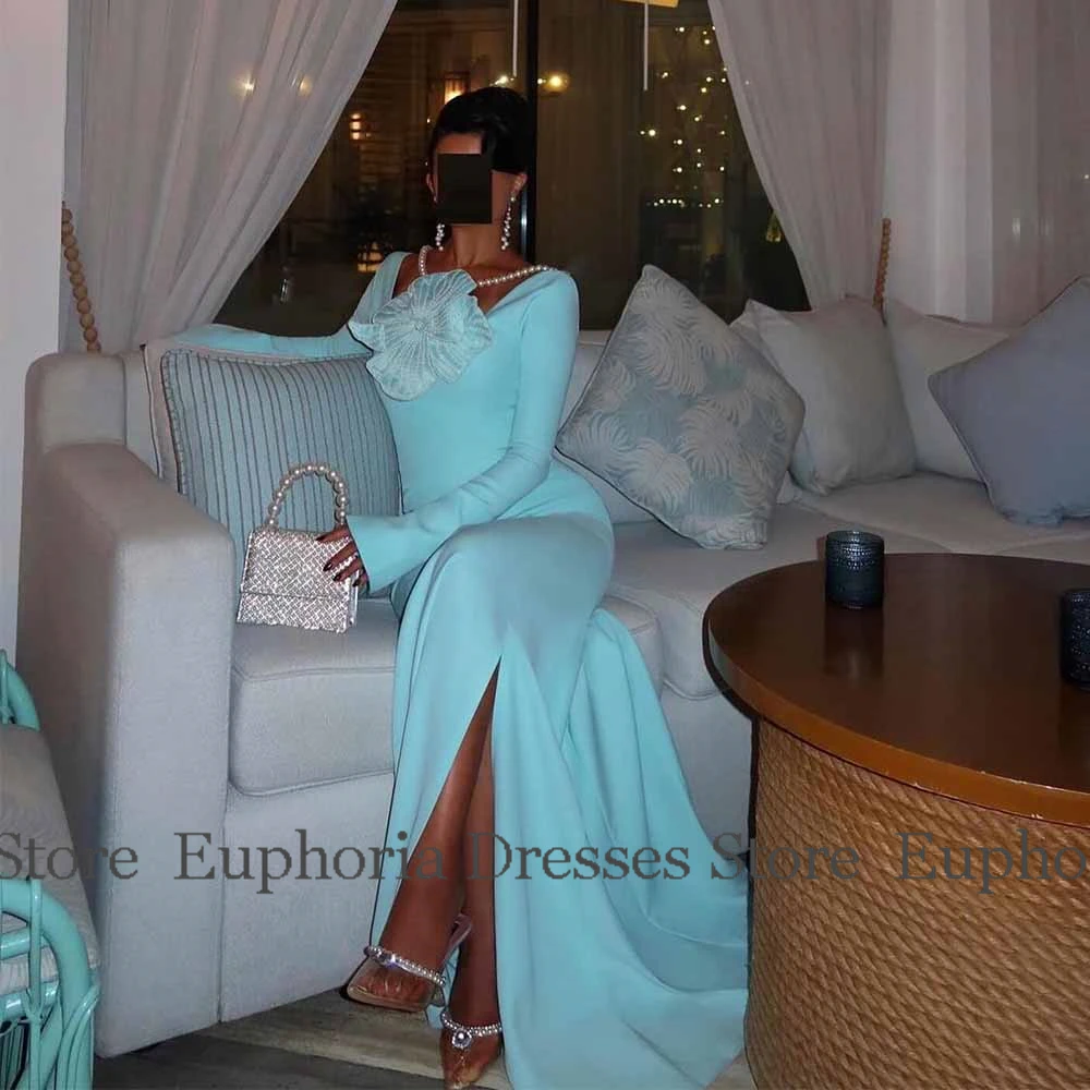 Saudi-Arabien Ballkleider für Damen, Jersey-Meerjungfrau, formelles Abendkleid, Himmelblau, O-Ausschnitt, Applikation, Perlen, geteiltes Partykleid, lang