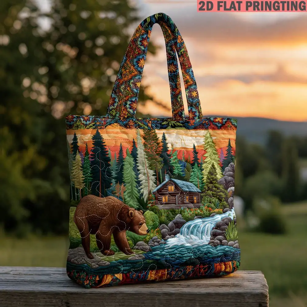 1pc Women's Quilted Tote Bag, Bear Forest Cabin Waterfall Trees Sunset Mountains River Multi-Functional Capacity Quilted Bag