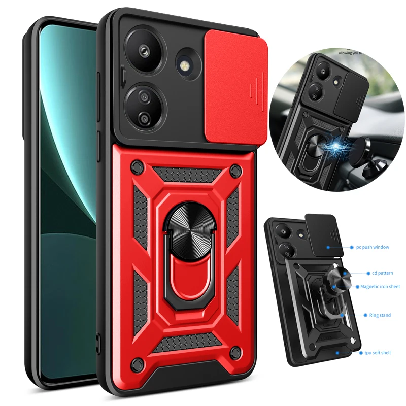 

Magnetic Ring Holder Armor Silicone Soft Phone Case For Poco C55 C61 C65 C71 C75 C85 171 173 Slide Lens Protection Cover Cases