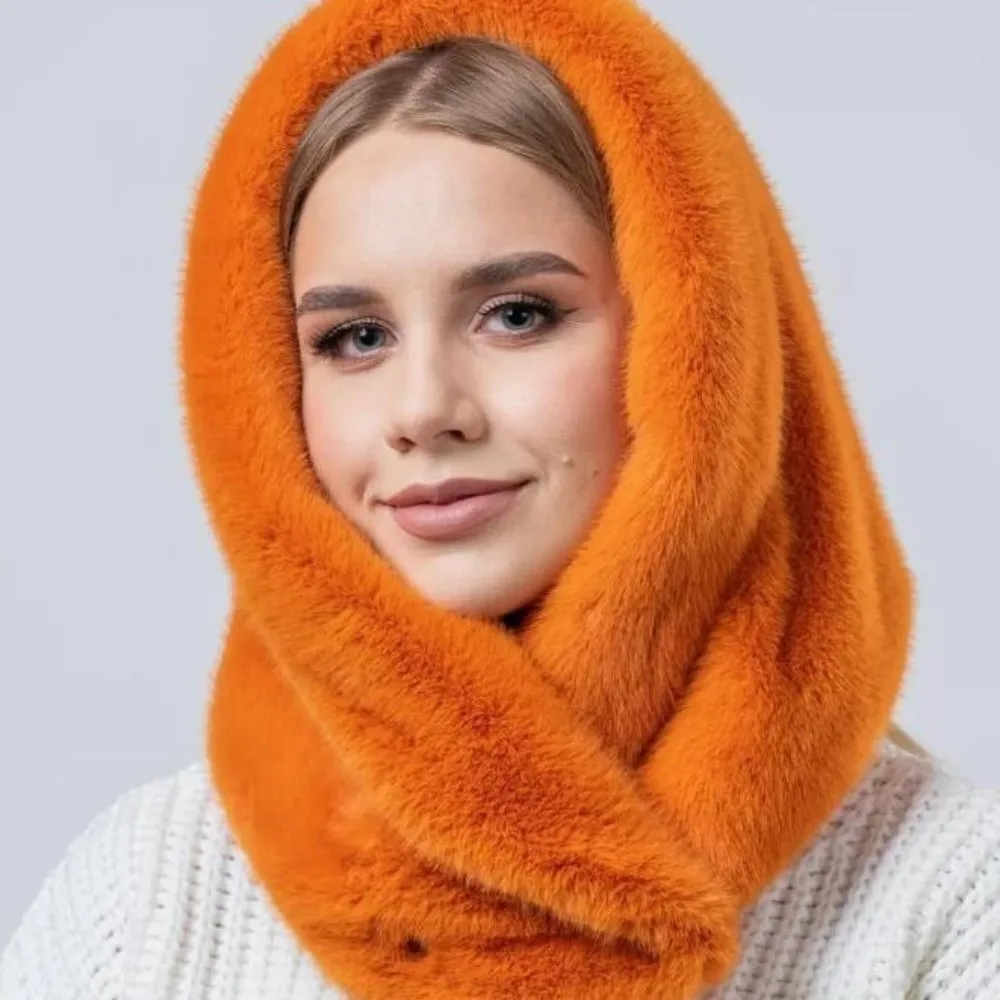 Fashion Thick Warm Faux Fur Hood Soft Windproof Winter Fur Hat Solid Color Fur Neck Collar for Women