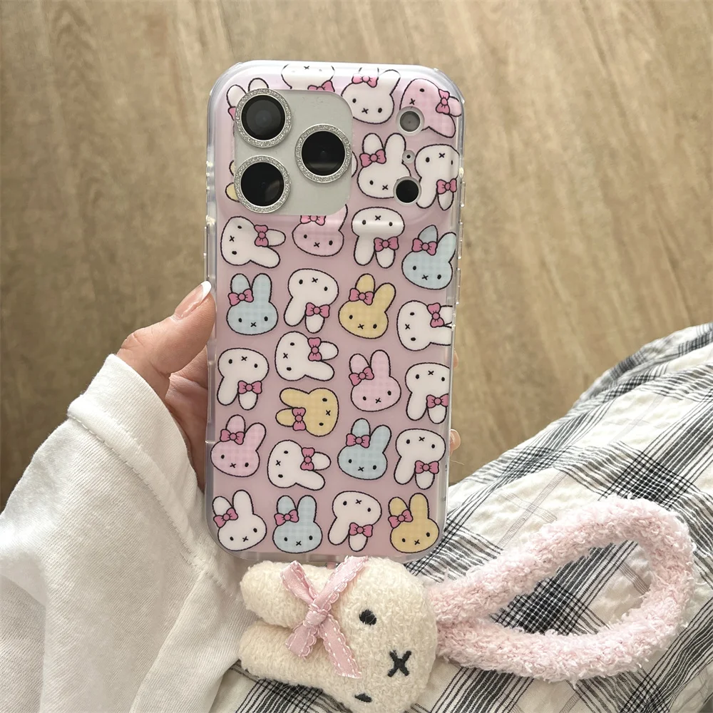 

Korea INS Cute Bow Plaid Color Rabbit Phone Case for iPhone 15 Pro Max 14 16 17 Pro Cover with Plush Rabbit Pendant Cartoon Fund