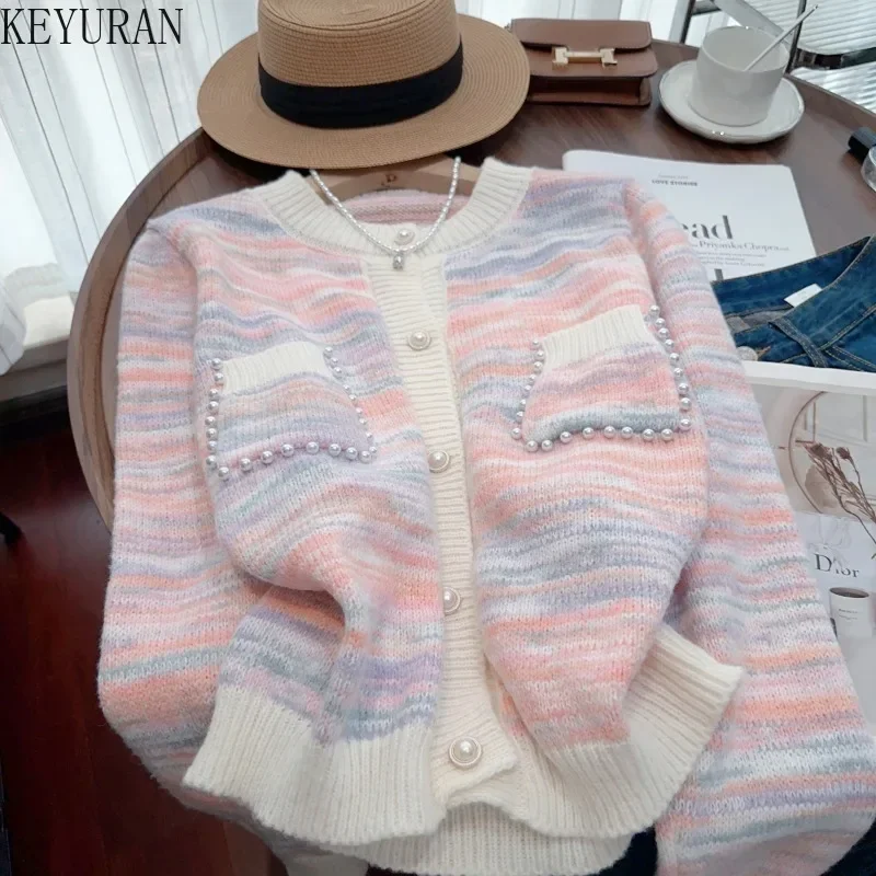 Autumn Winter Knit Cardigan Sweater Women Vintage Elegant Fashion Peals beading Long Sleeve Single-breasted Knitwear Tops Jumper