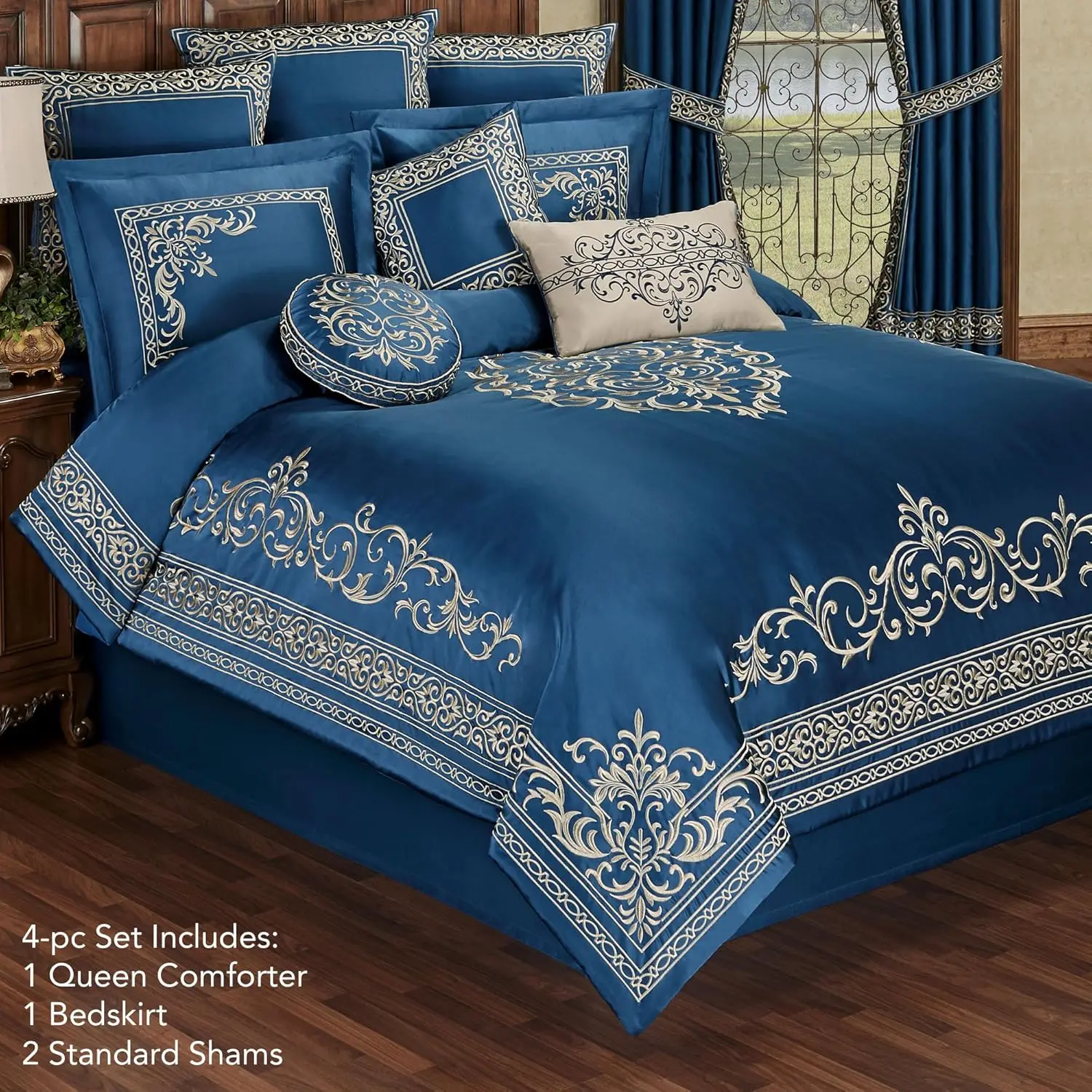 Touch Of Class Buckingham Luxury Bedding | Royal Sapphire Blue | Palace-Inspired Elegant Golden Scrollwork Embroidery On Sateen