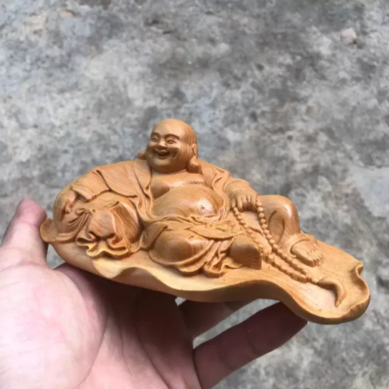 Cliff Cypress Wood Carved Laughing Buddha Statue - Feng Shui Lucky Bag Maitreya Figurine, Home & Car Desktop Auspicious Decor view 2