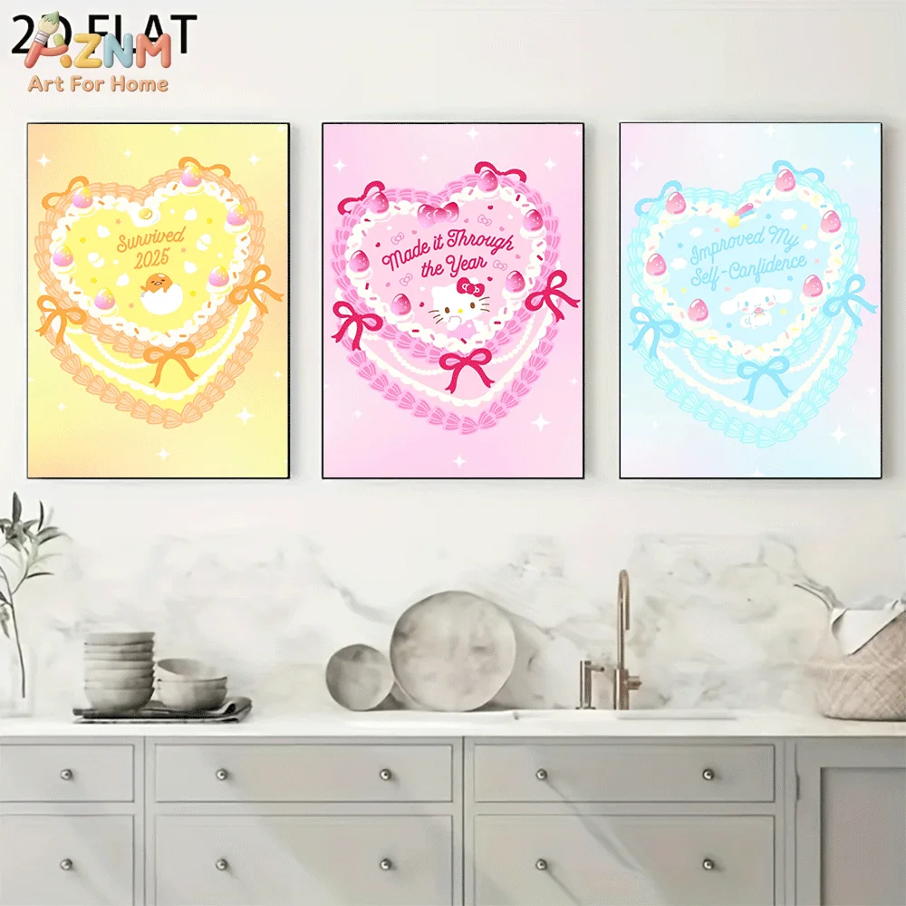 AZNM Gudetama Hello Kitty Cinnamoroll Frameless Canvas Wall Art, Heart Cake Bow Quote Cartoon Poster, Pastel Sweet Kawaii Aesthe