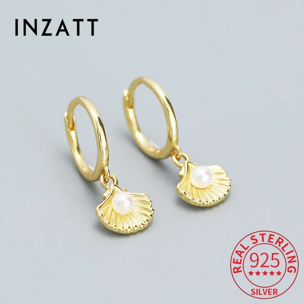 

INZATT Real 925 Sterling Silver Pearl Shell Pend Hoop Earrings For Women Classic Fine Jewelry Light luxury Accessories
