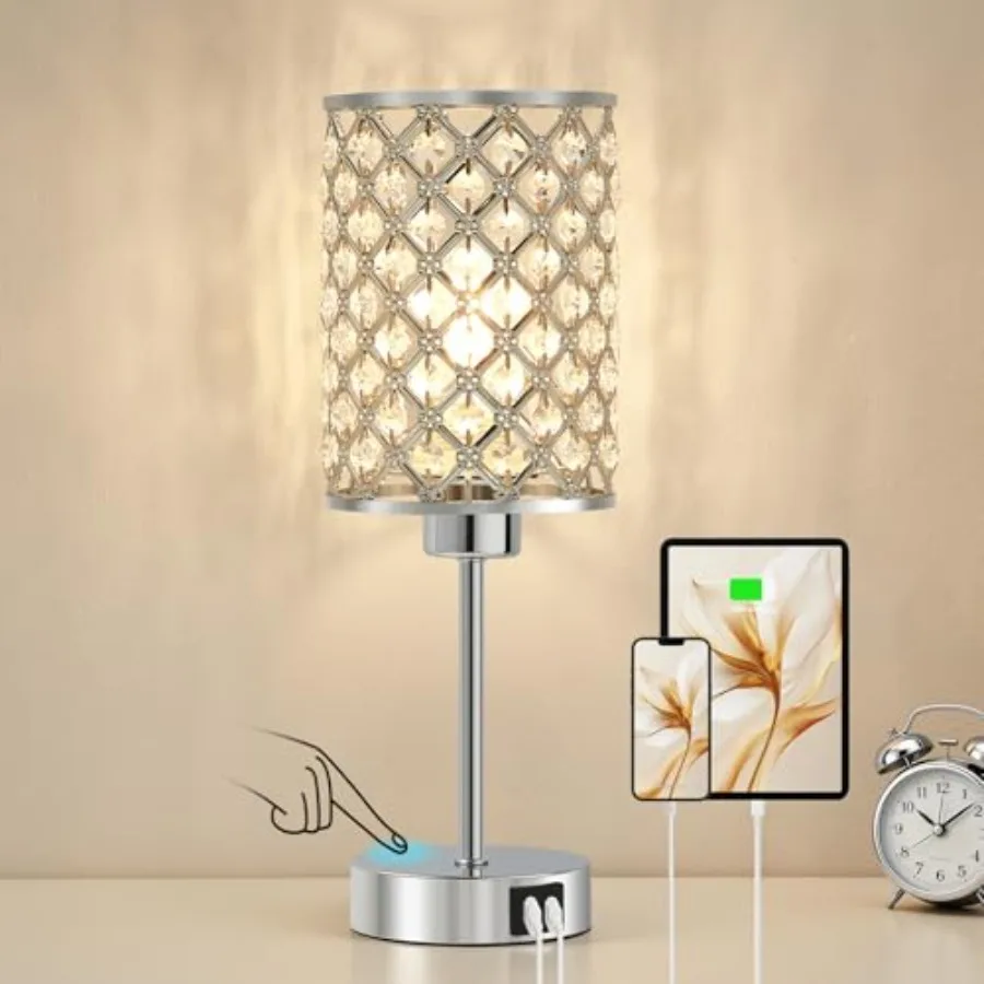 

Crystal Touch Table Lamp for Bedroom, Desk Lamp with USB-C and USB-A Ports, Dimmable Modern Bedside Lamp for Nightstand, Living