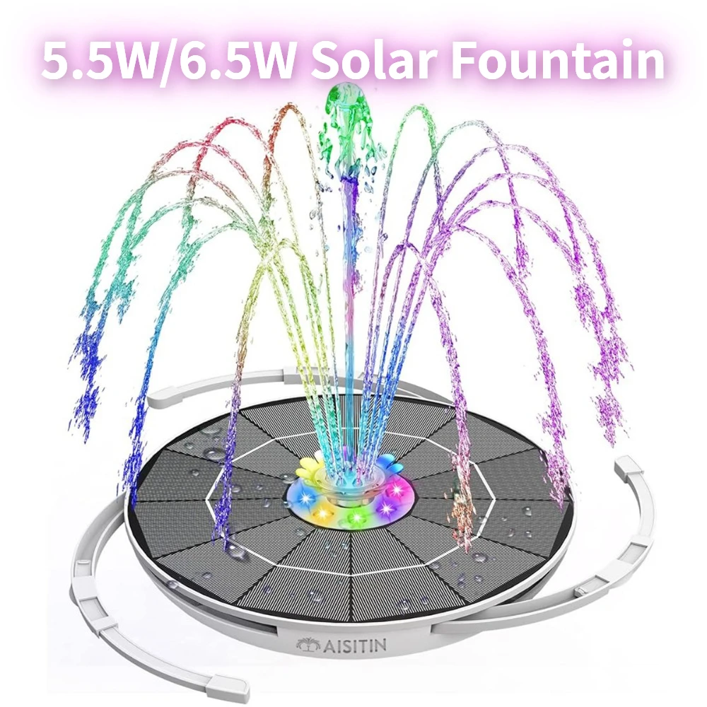 5,5 W/6,5 W Solarna pompa fontannowa ze światłem LED Bateria 3000 mAh z 8 dyszami do wymiany dekoracji fontanny ogrodniczej na zewnątrz