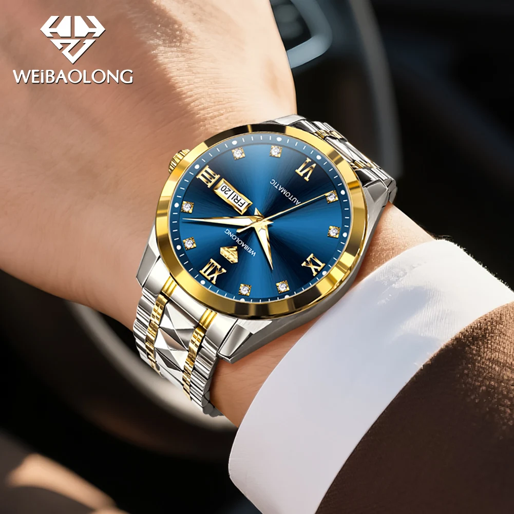 ساعة WEIBAOLONG 3803 الماسية الحقيقية للرجال مستوردة بحركة أوتوماتيكية ساعة يد ميكانيكية للأعمال